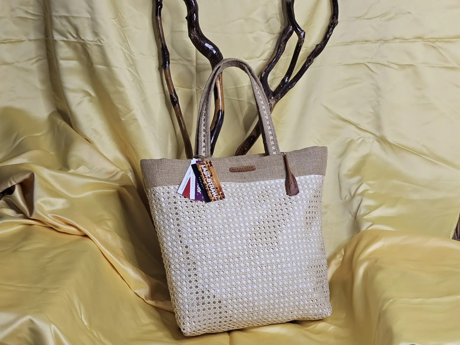 Handwoven cane fashion bags arranged together